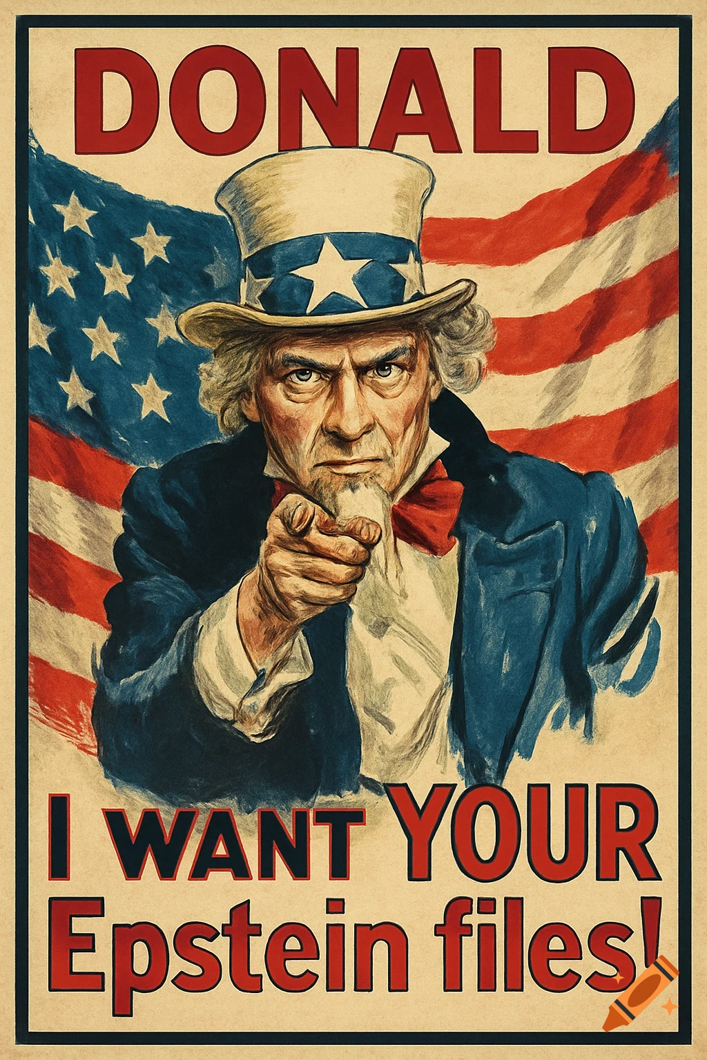 Vintage political poster of Uncle Sam pointing, with an American flag background and text: 'DONALD I WANT YOUR Epstein files!'