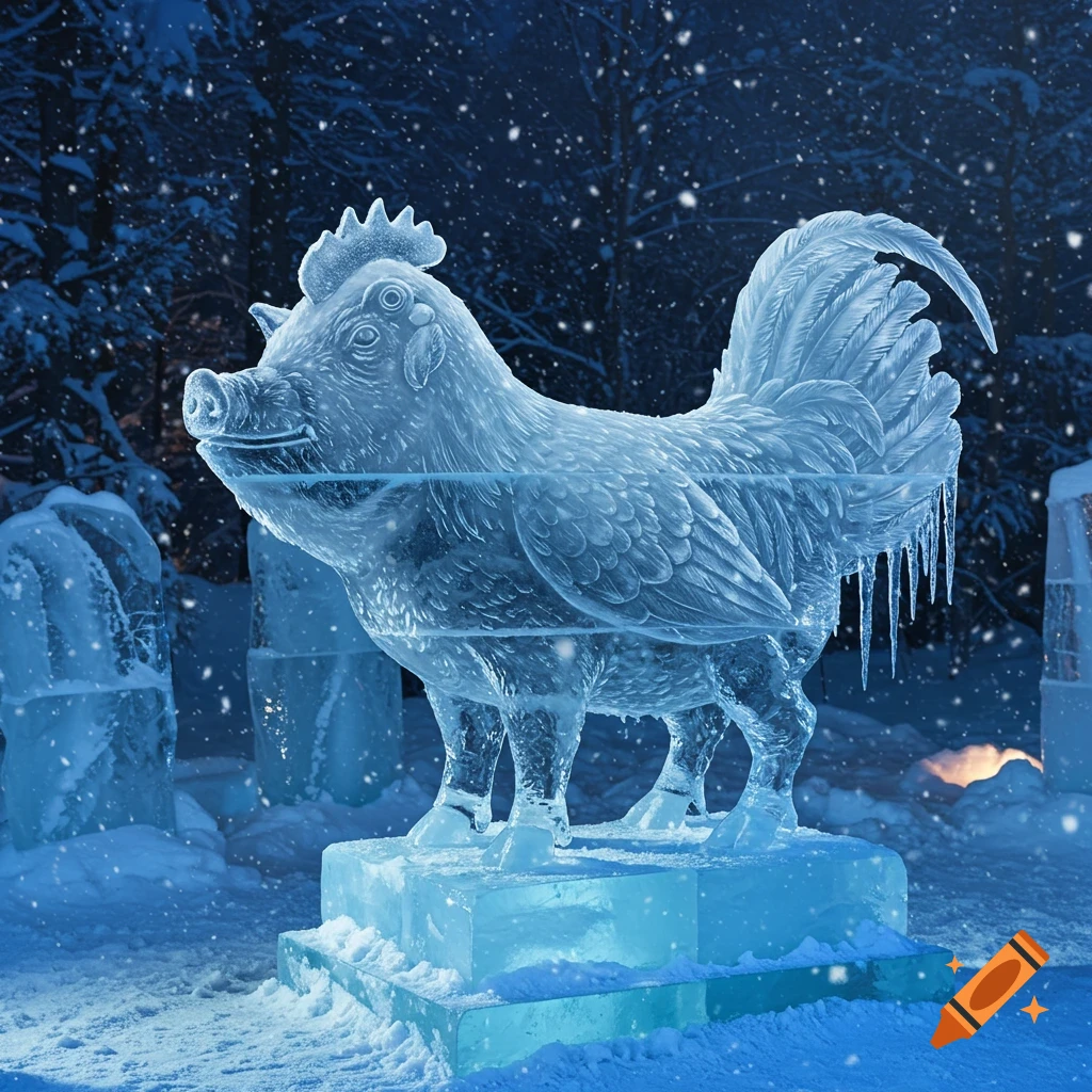 A detailed ice sculpture of a pig-chicken hybrid standing in a snowy night, with icicles and falling snow.