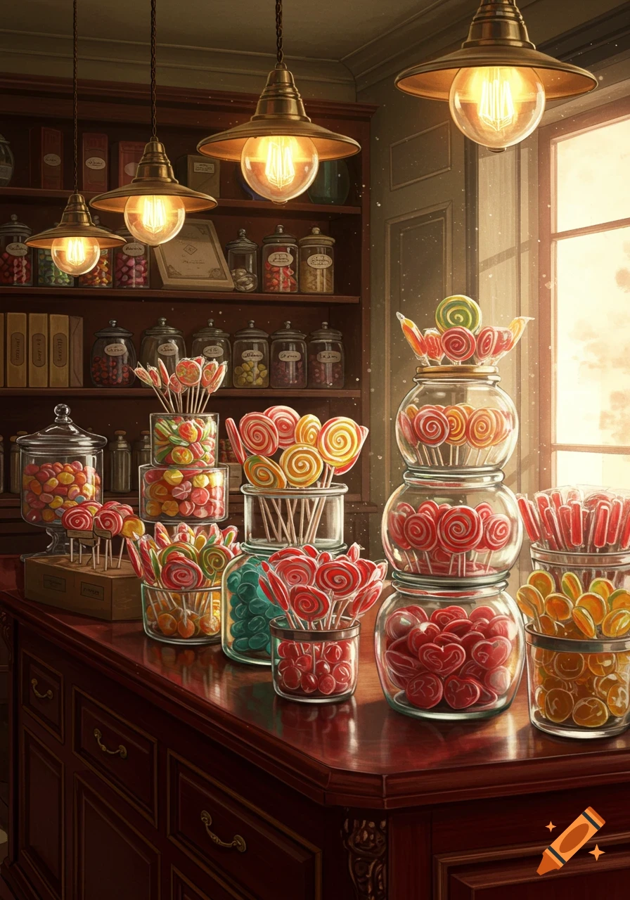 A detailed sweet shop counter filled with glass jars of colorful lollipops and candies, with shelves in the background under warm lights.