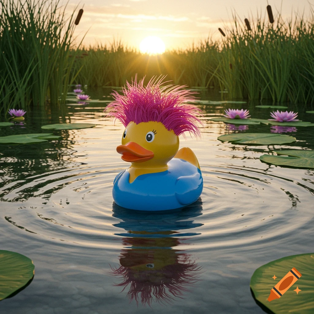 A rubber duck with pink messy hair and a blue shirt floats on a pond with water lilies and reeds at sunset.