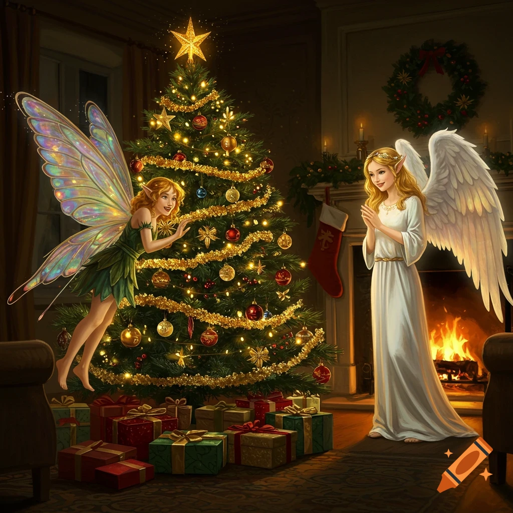 A festive fantasy scene with a fairy by a glowing Christmas tree and an angel standing by a fireplace with presents below.