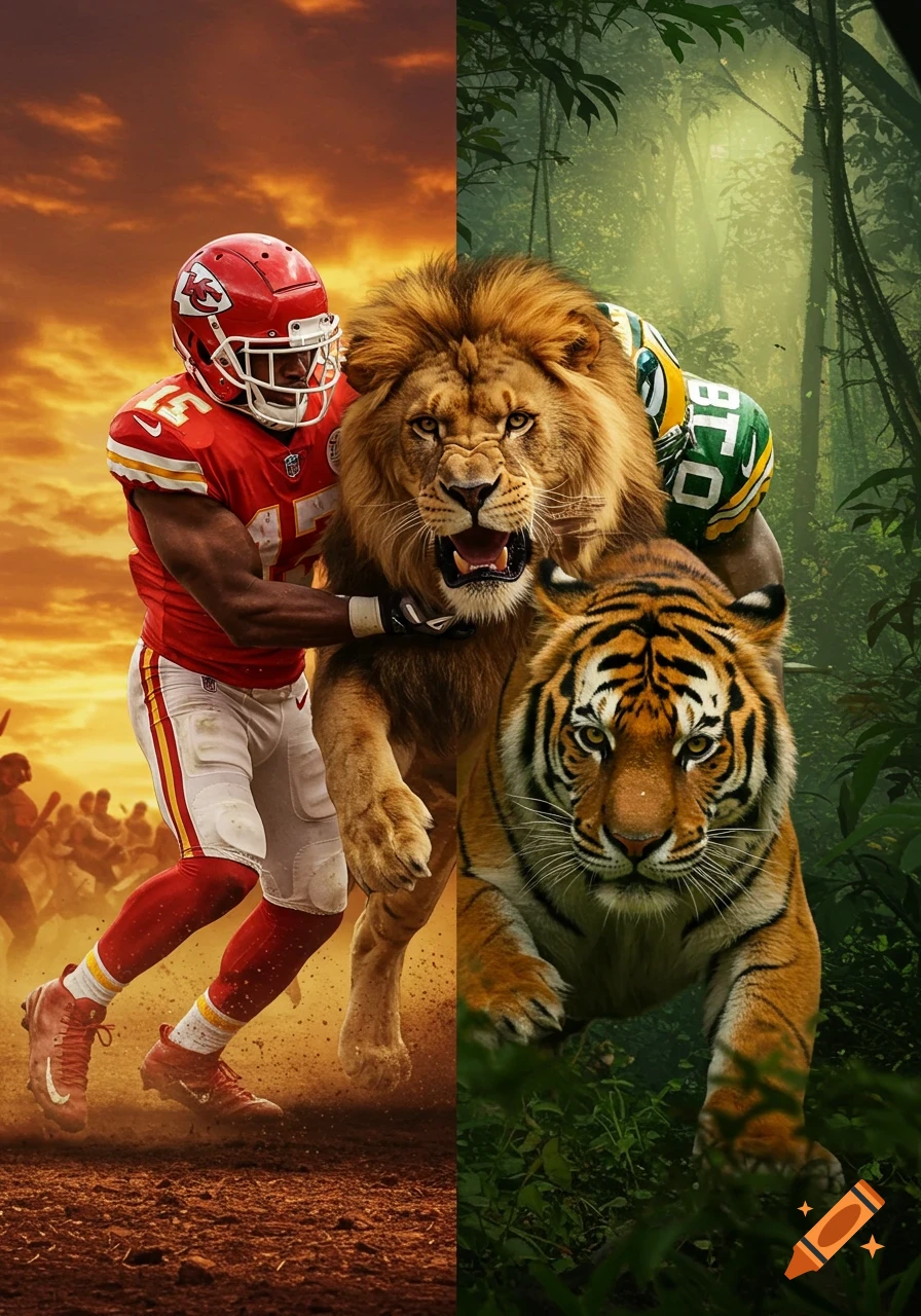 A split image showing a Kansas City Chiefs football player on the left, holding a roaring lion, against an orange sky. On the right, a Green Bay Packers player is riding the lion, with a tiger in front, in a lush jungle.