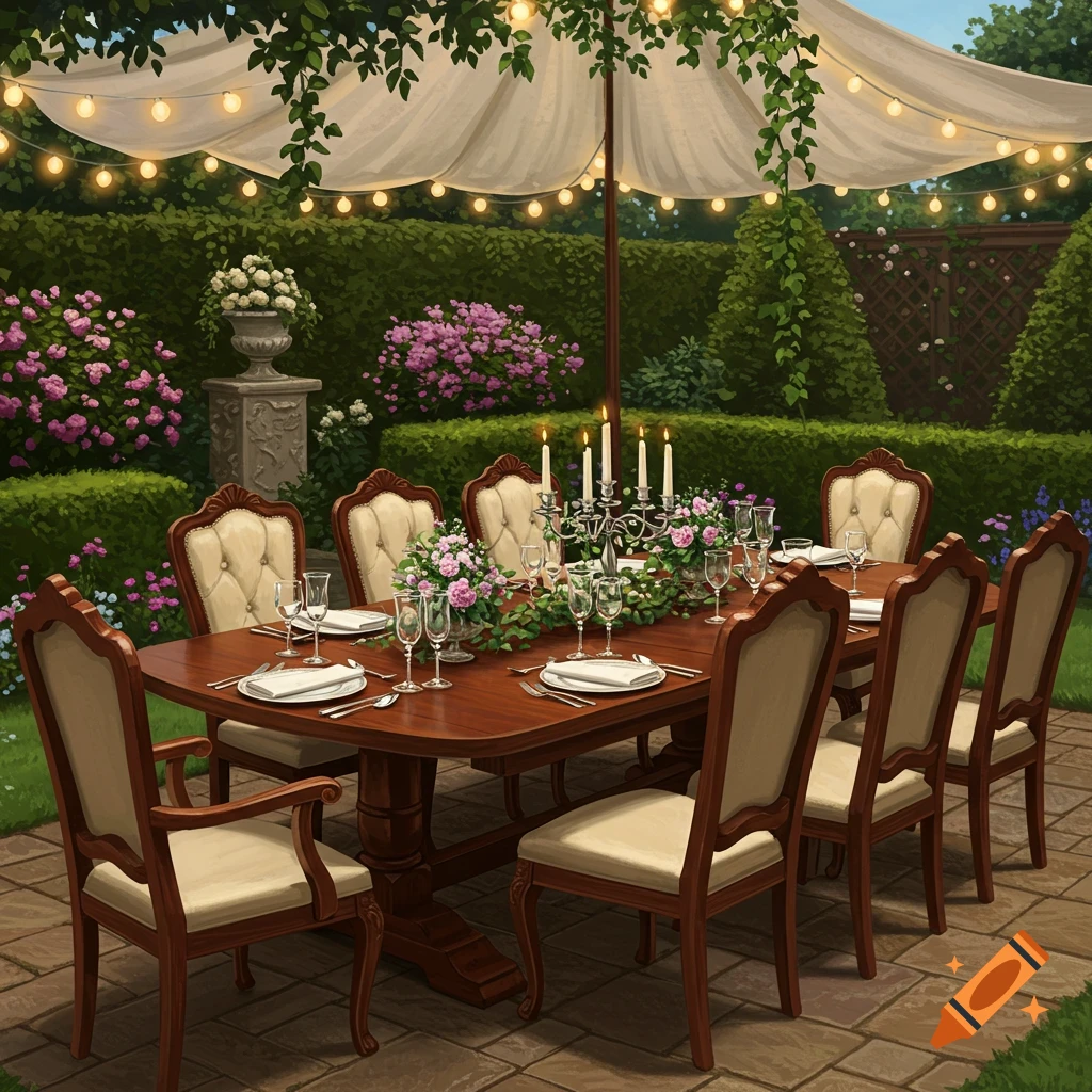 A beautifully set wooden dining table with chairs, candles, and floral arrangements under a lit canopy in a lush garden.