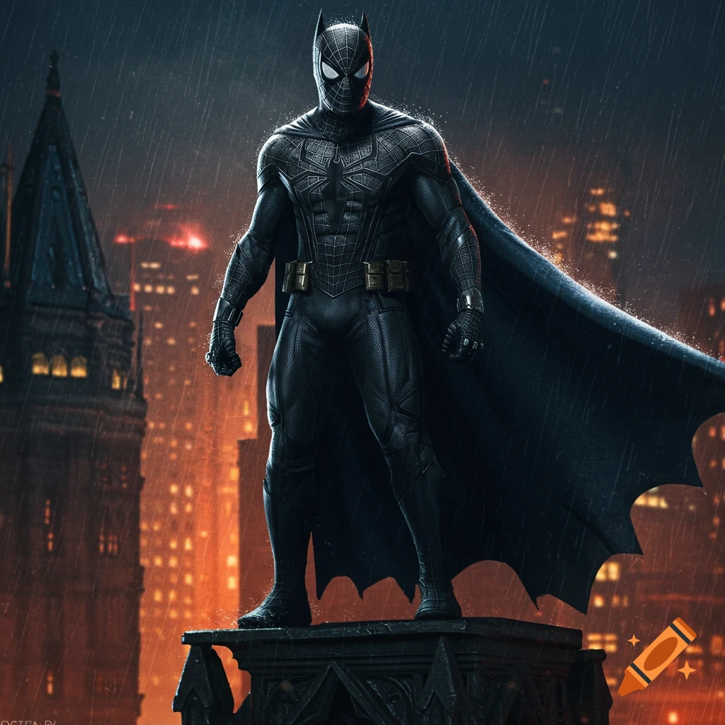 A photorealistic superhero, a mix of Batman and Spiderman, stands on a gothic rooftop in a dark, rainy city at night.