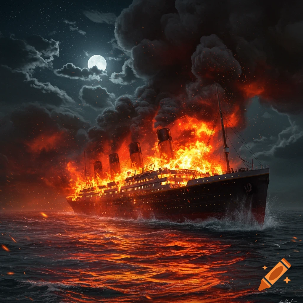 A massive ship, like the Titanic, burns fiercely with towering flames and thick smoke on a dark, turbulent sea under a bright full moon.