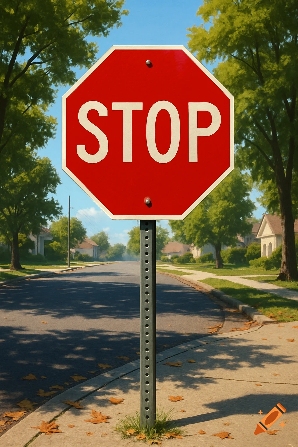 A red stop sign stands prominently on a street corner with a tree-lined residential area in the background.