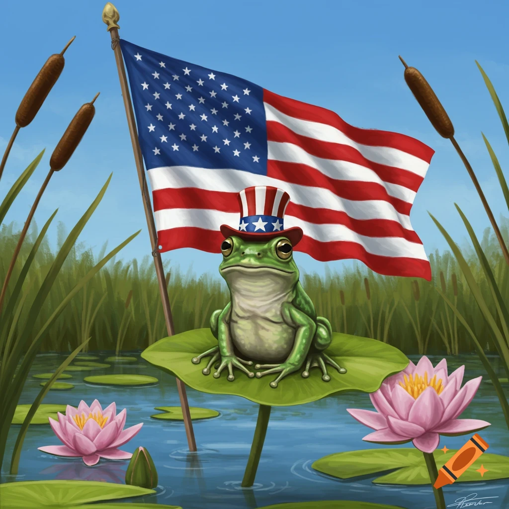 A cartoon frog wearing an Uncle Sam hat sits on a lily pad in a pond with pink water lilies and cattails, in front of a large American flag under a blue sky.
