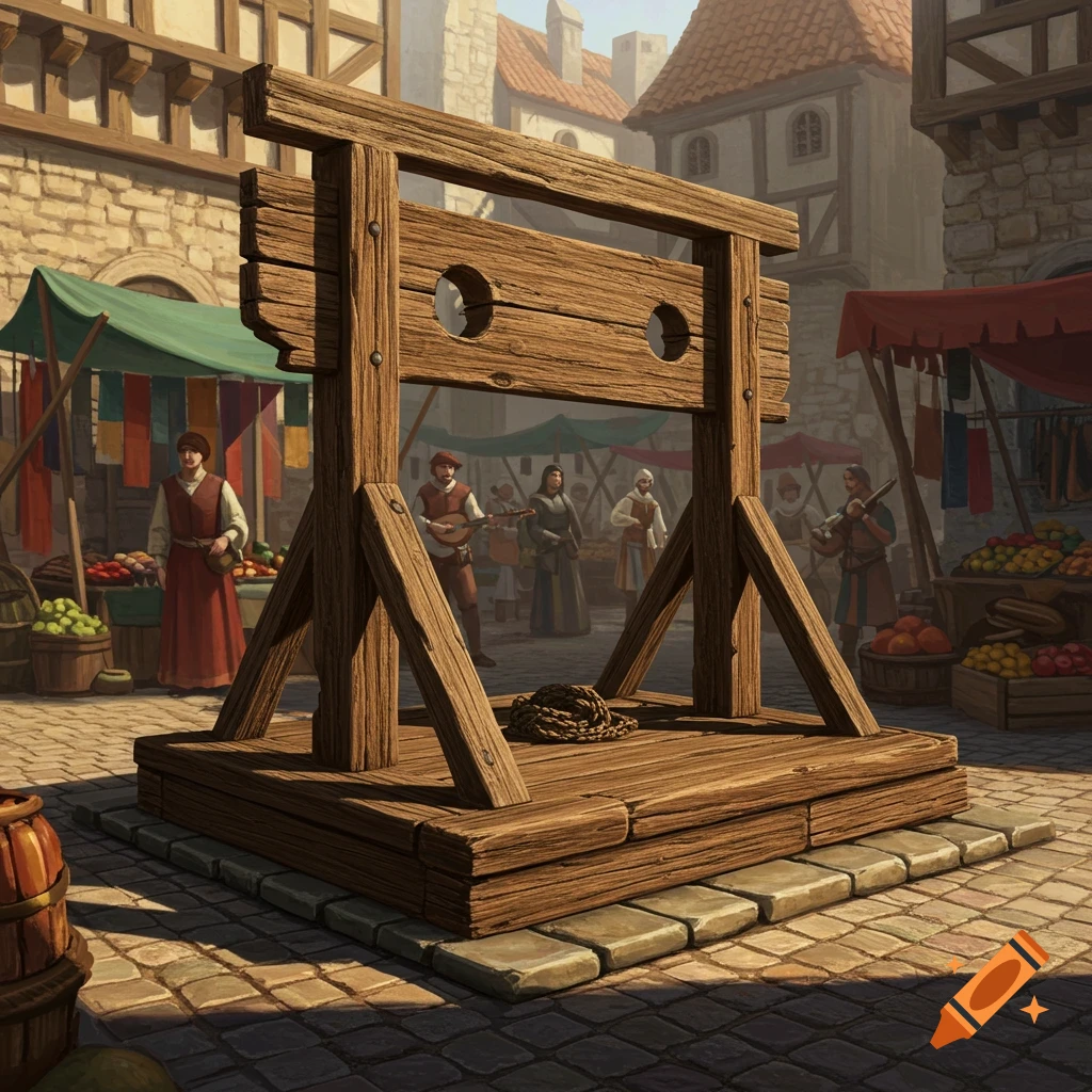 A wooden pillory in a busy medieval market square with vendors and buildings, digital illustration.