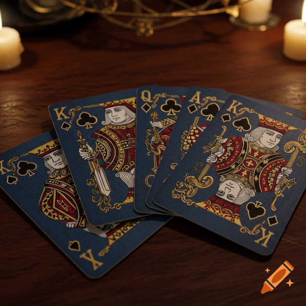 A fanned hand of ornate blue and gold playing cards, featuring kings, a queen, and an ace, laid out on a dark wooden table with two lit candles in the background.