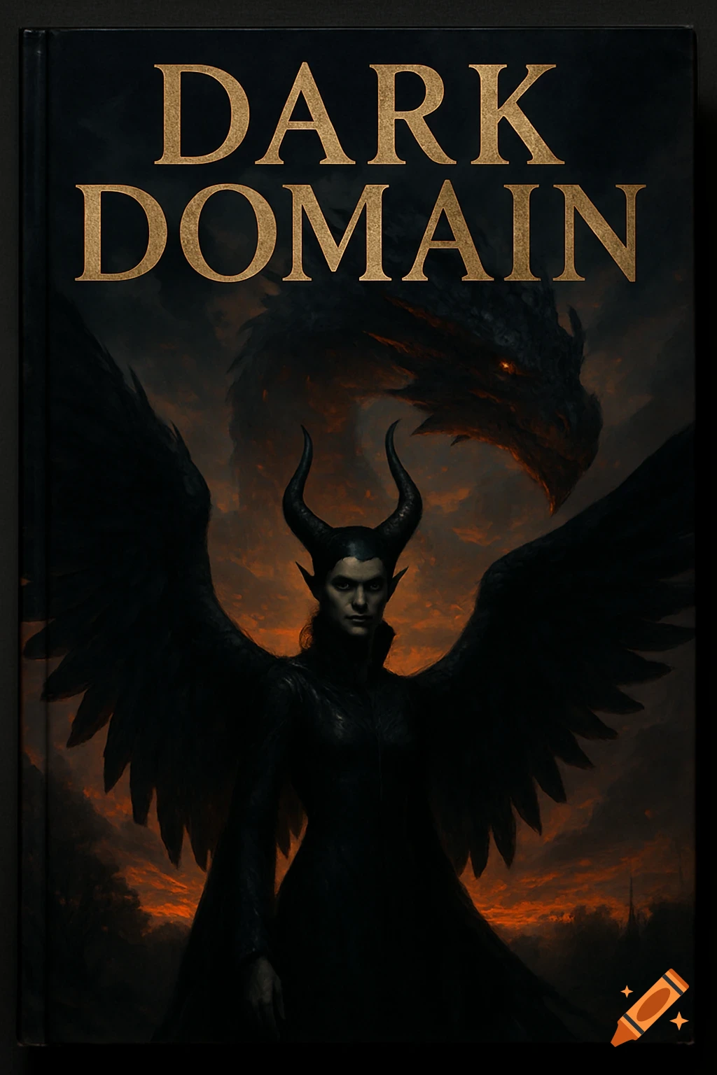 Dark fantasy book cover with a horned, winged character and a dragon against an orange, fiery sky, titled "DARK DOMAIN".