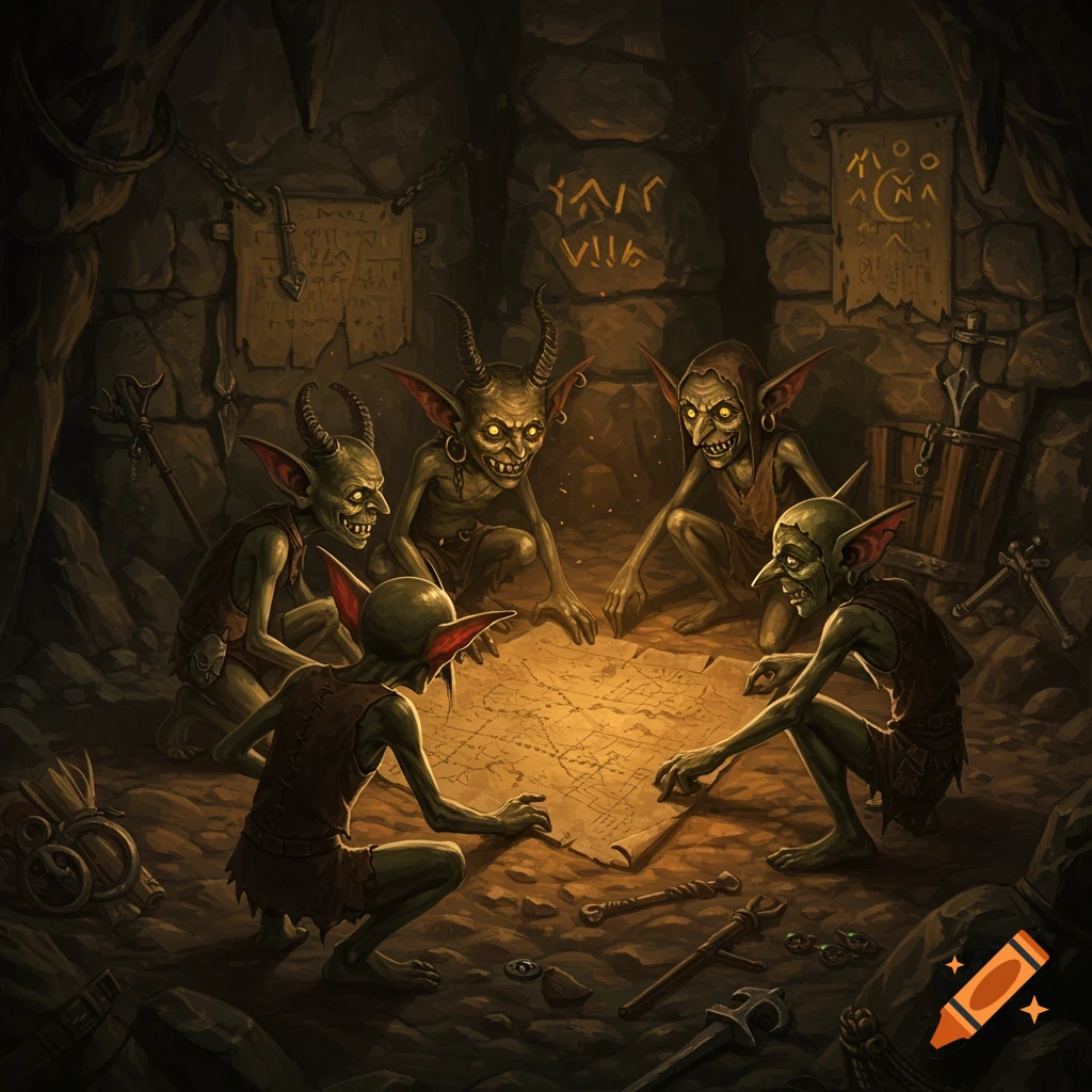 Five nefarious goblin-like creatures huddle around a glowing map in a dimly lit cave, planning.