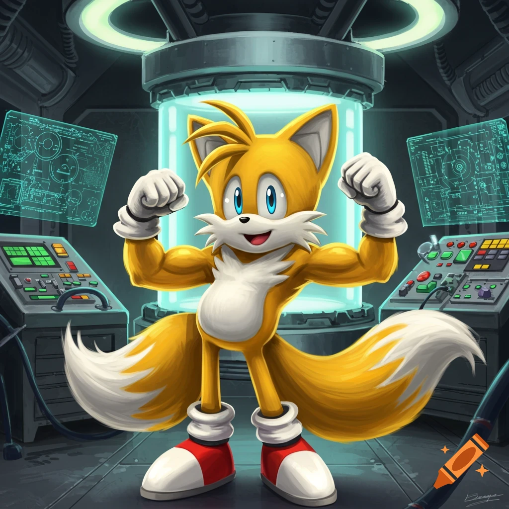Cartoon character Tails flexing his muscular arms in a futuristic science lab.
