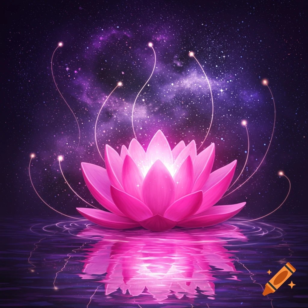 A vibrant pink lotus flower glows on dark water, reflecting the light, set against a stunning purple starry galaxy background.