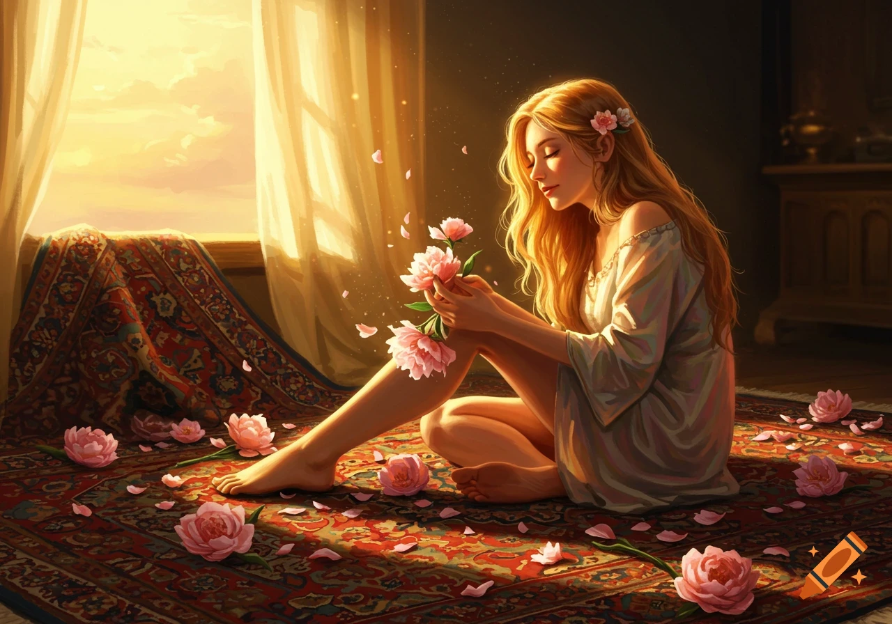 A beautiful woman with long blonde hair sits on a Persian carpet, holding pink flowers in golden sunlight.