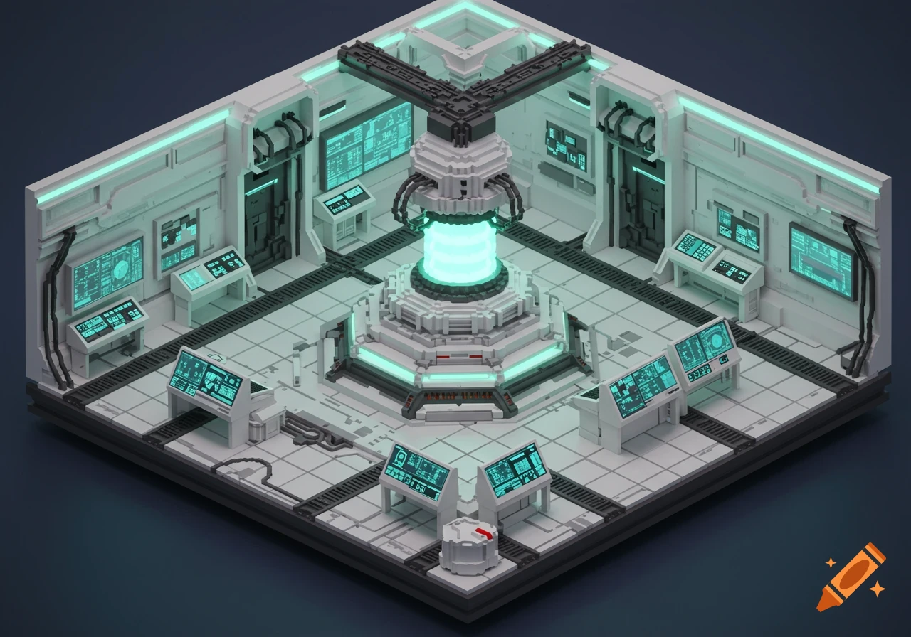 Isometric voxel art of a futuristic sci-fi laboratory with a glowing central reactor core and multiple screens displaying technical data.