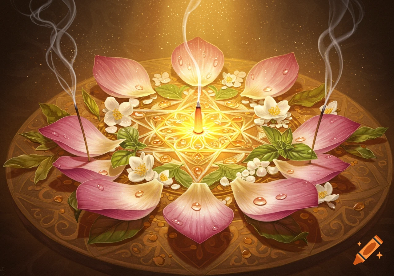 A glowing sacred mandala of pink lotus petals, white jasmine, green leaves, and incense smoke on a golden patterned surface.