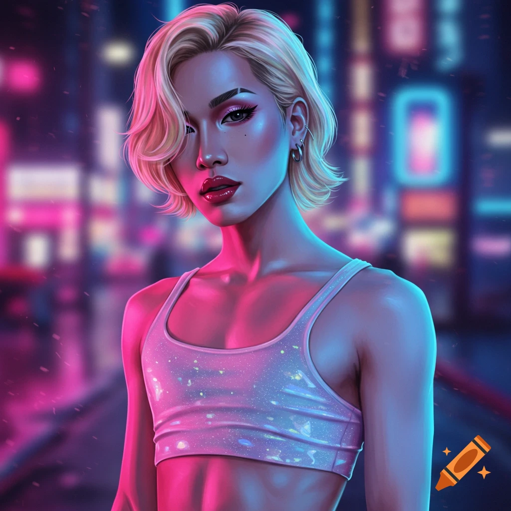 Digital painting of a feminine person with short blonde hair and makeup, wearing a sparkly crop top, against a neon city night background.