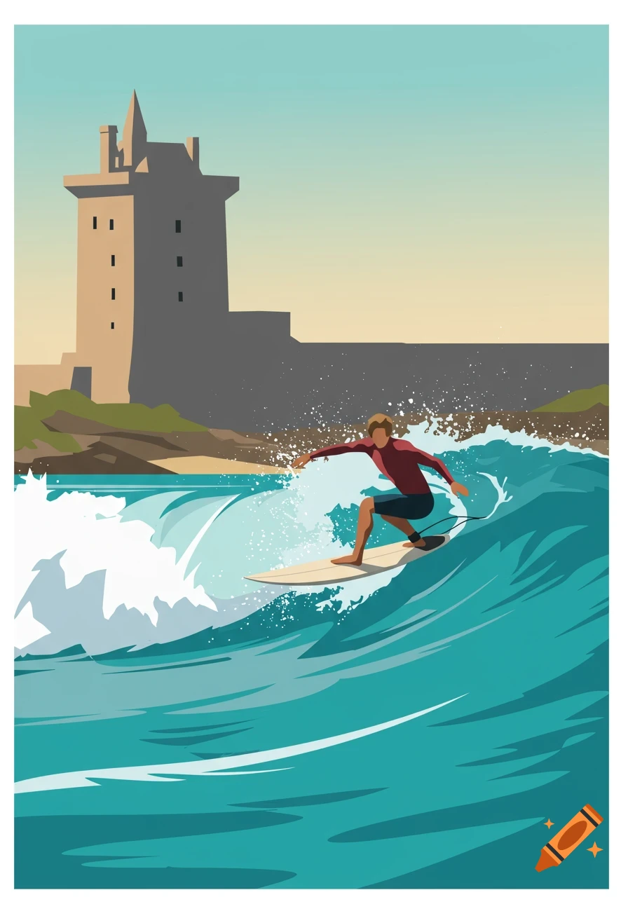 A stylized illustration of a surfer riding a large blue wave with a large, light brown blockhouse building on the coast in the background.