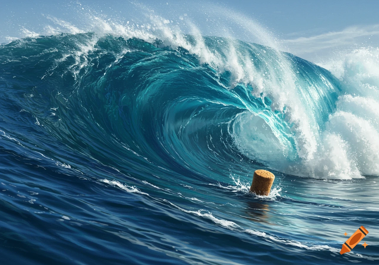 A photorealistic depiction of a cork bobbing in the turbulent crest of a massive, curling blue-green ocean wave.