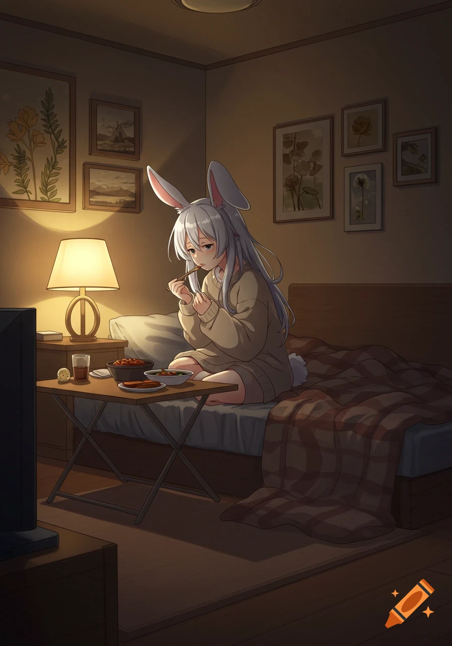 An anime bunny girl, Reisen Inaba, sits on her bed in a cozy, dimly lit room, eating dinner from a folding table while watching TV.