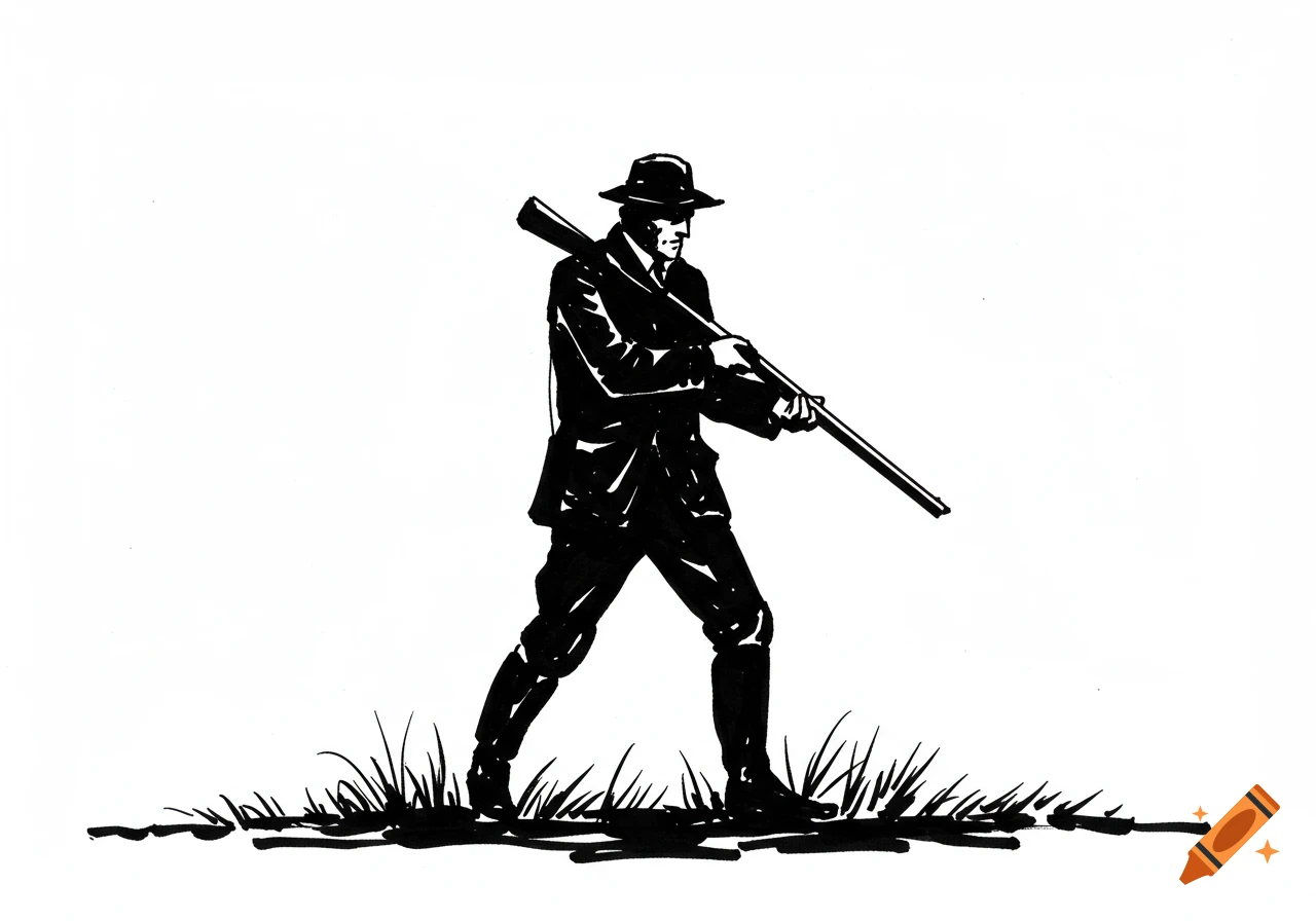 A black and white ink illustration of a man in a hat and coat, carrying a rifle, walking through sparse grass.
