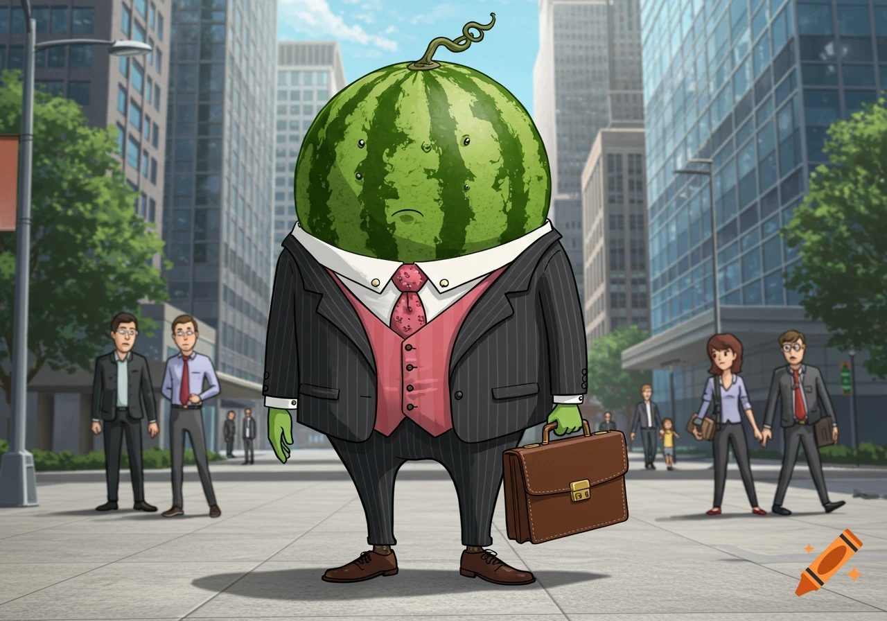 A cartoon anthropomorphic watermelon in a pinstripe business suit and pink vest, holding a briefcase on a city street.