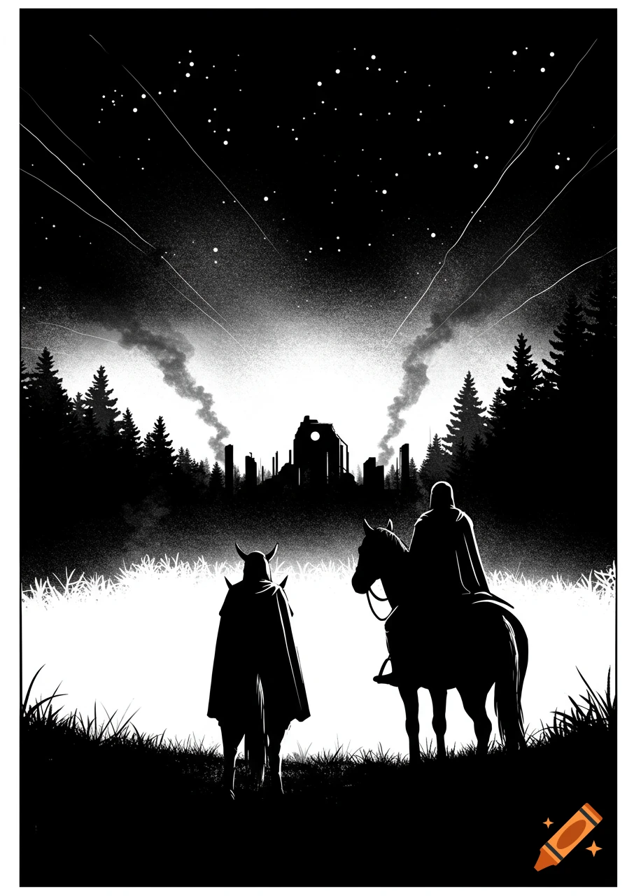 Monochromatic illustration of two cloaked figures, one on horseback, facing smoking ruins in a dark forest under a starry night.