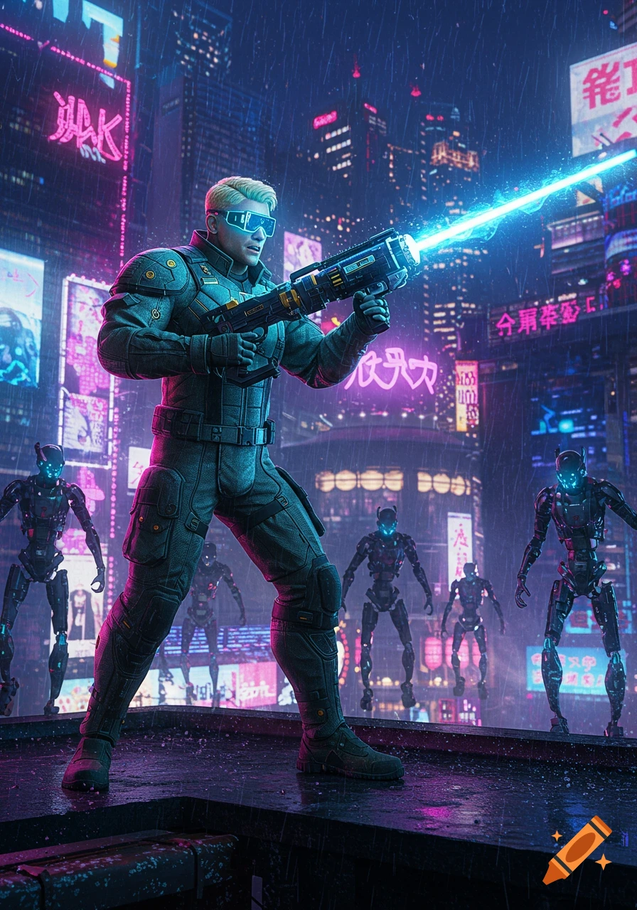 A blonde man in tactical gear and glowing goggles fires a blue laser from a futuristic gun, fighting robots in a neon-lit, rainy cyberpunk city.