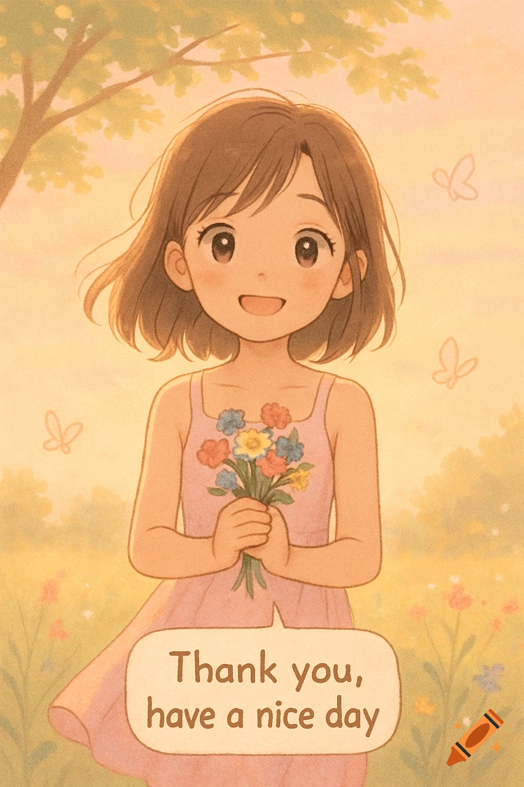 An anime-style girl in a field holding a bouquet of colorful flowers, with a speech bubble saying 'Thank you, have a nice day'.