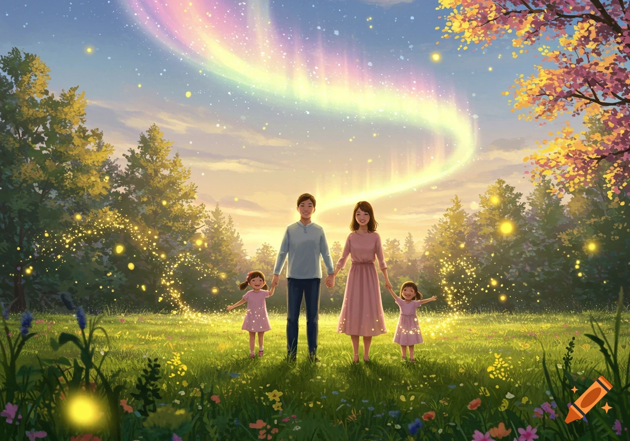An illustrated family of four stands in a glowing field under a rainbow aurora with fireflies in a magical forest.