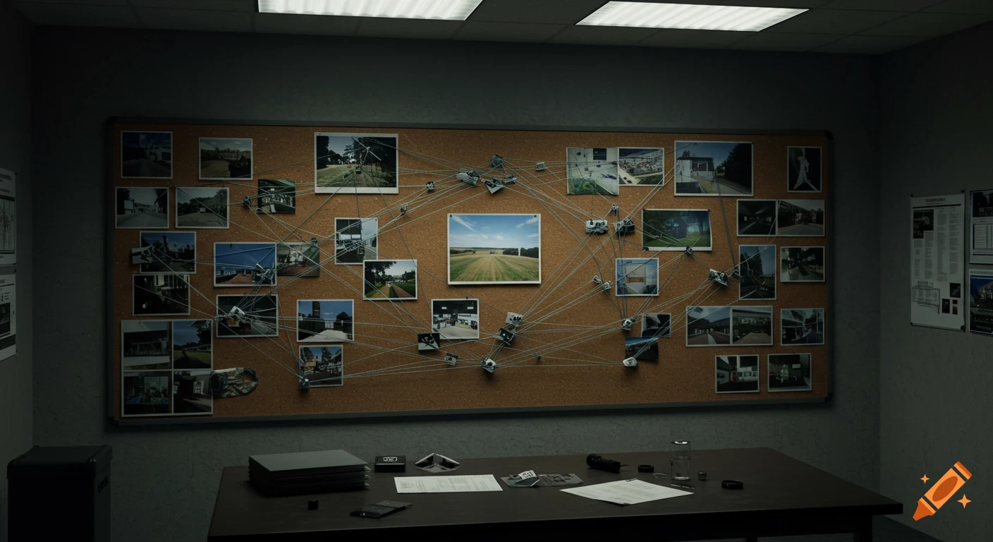 A dimly lit forensic room with a large cork board on the wall covered in interconnected photos and strings, above a desk with documents and objects.