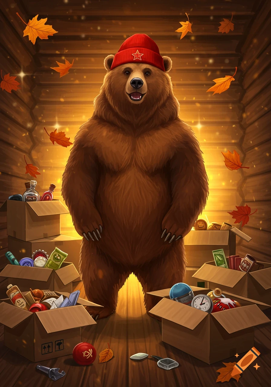 A friendly, cartoonish brown bear wearing a red beanie with a Soviet star, standing among open moving boxes filled with various items, with autumn leaves falling around.
