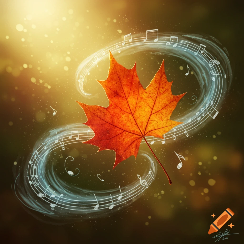 A vibrant orange maple leaf surrounded by swirling white musical notes against a warm, bokeh-filled autumn background.