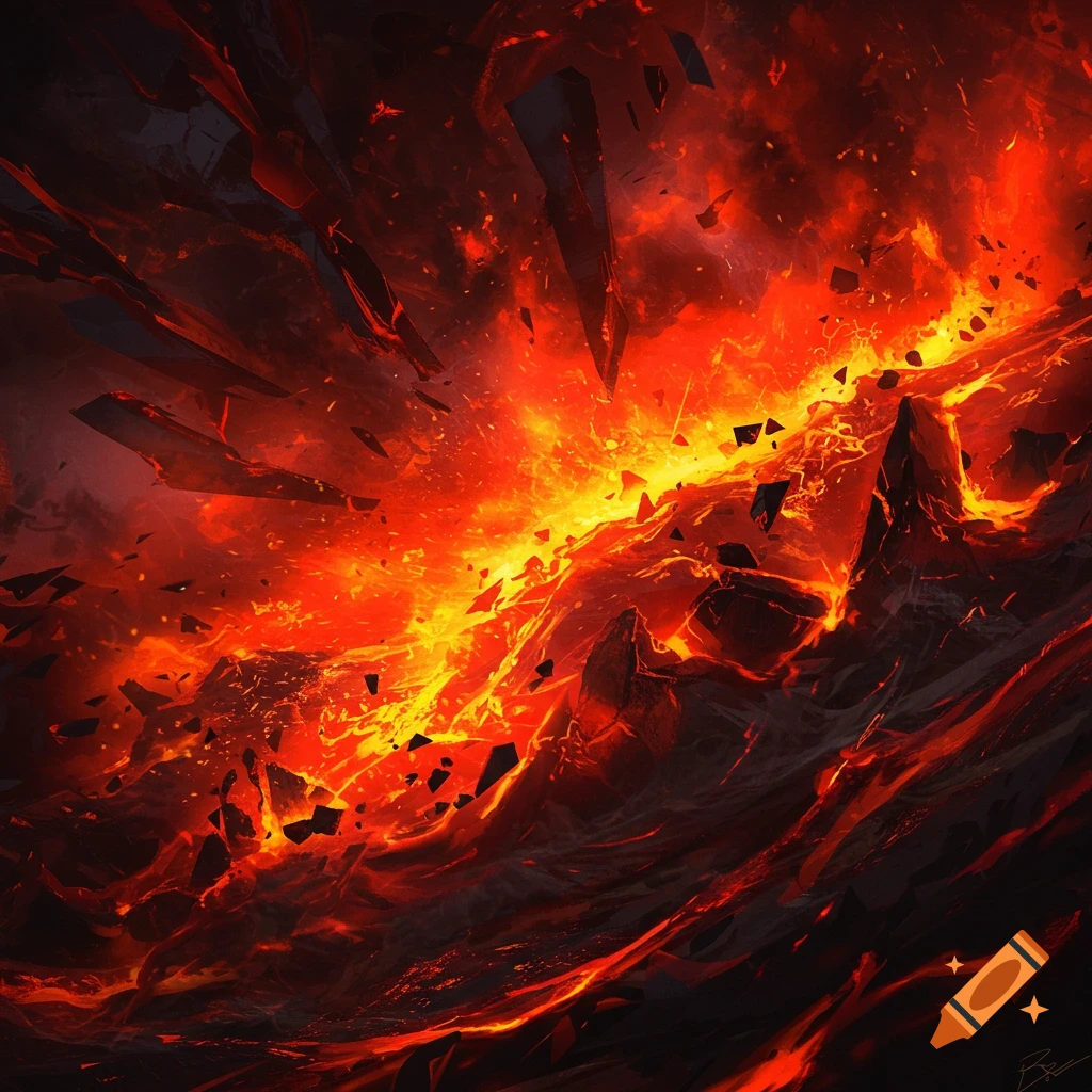 Abstract, fiery explosion of red and orange lava with dark, jagged debris flying.