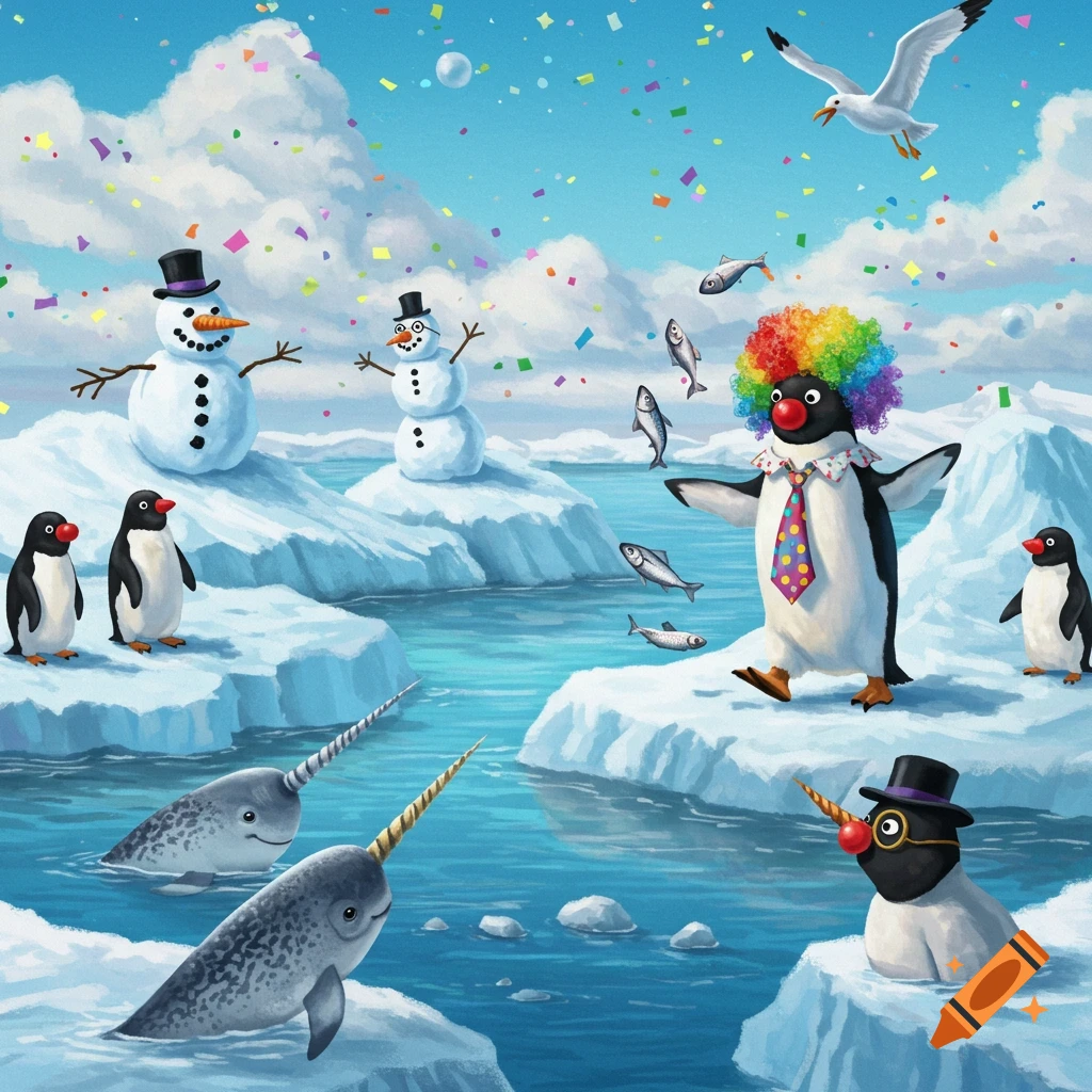 An arctic scene illustration with a clown penguin, narwhals, snowmen, and other penguins, surrounded by confetti and floating fish.
