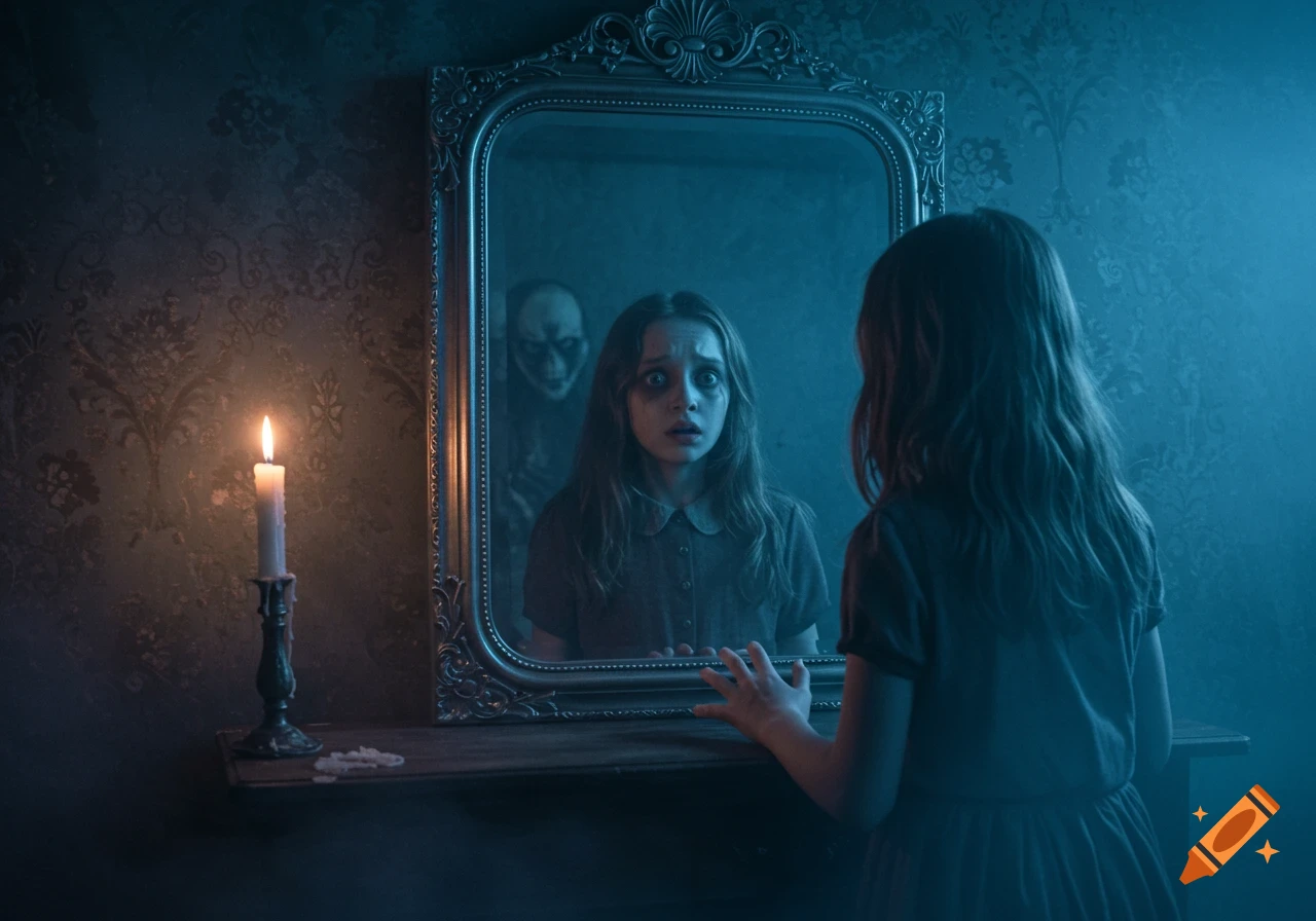 Terrified girl looking into a mirror, seeing a ghoulish figure behind her in the reflection, in a dim, blue-lit room.