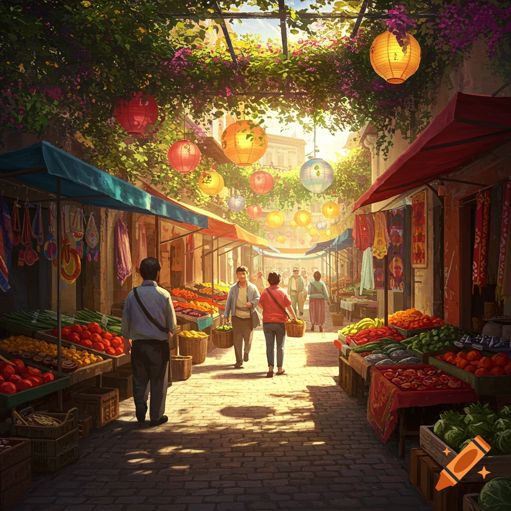 A vibrant, painterly market street scene with people browsing stalls of colorful fruits and vegetables under a canopy of lanterns and foliage.