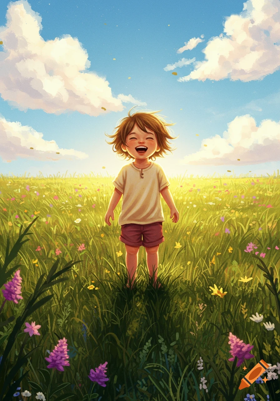 A happy child with messy brown hair stands in a sunny field of green grass and wildflowers under a blue sky with fluffy clouds. Illustrated style.