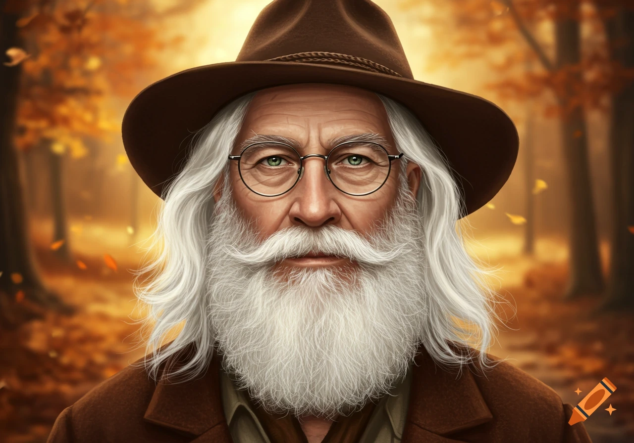 Portrait of an old man with a long white beard, white hair, green eyes, glasses, and a brown hat in an autumn forest.