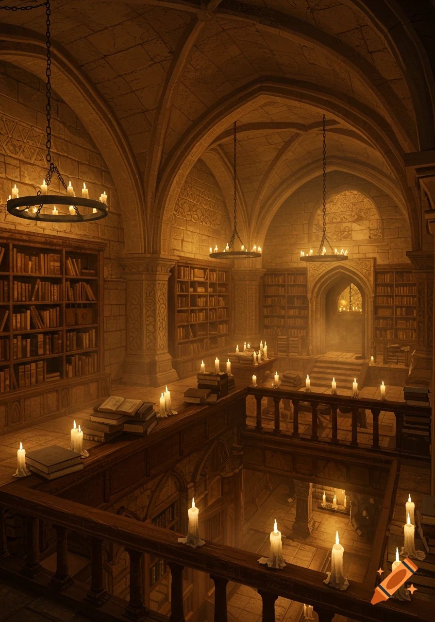 Grand ancient library with vaulted stone ceilings, wooden bookshelves, and numerous lit candles creating a warm, mysterious glow.