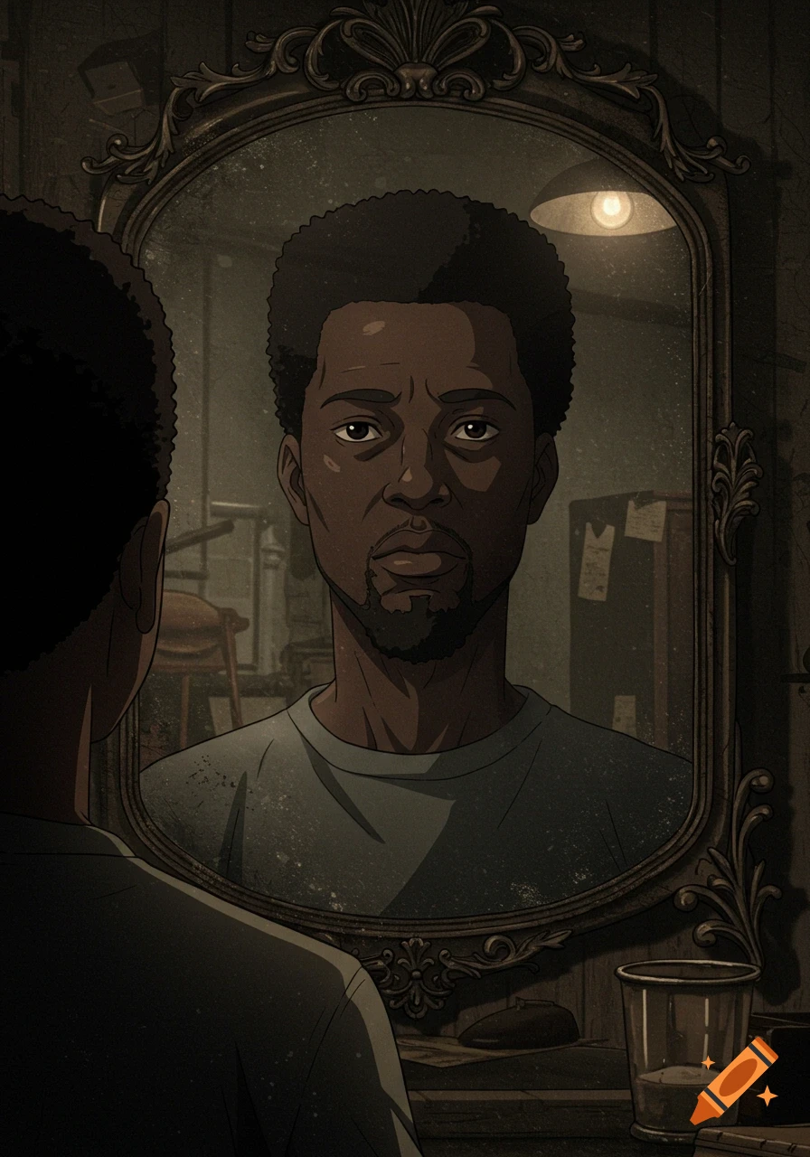 An anime-style illustration of a black man with an afro and beard reflected in an ornate, grimy mirror in a dark room.