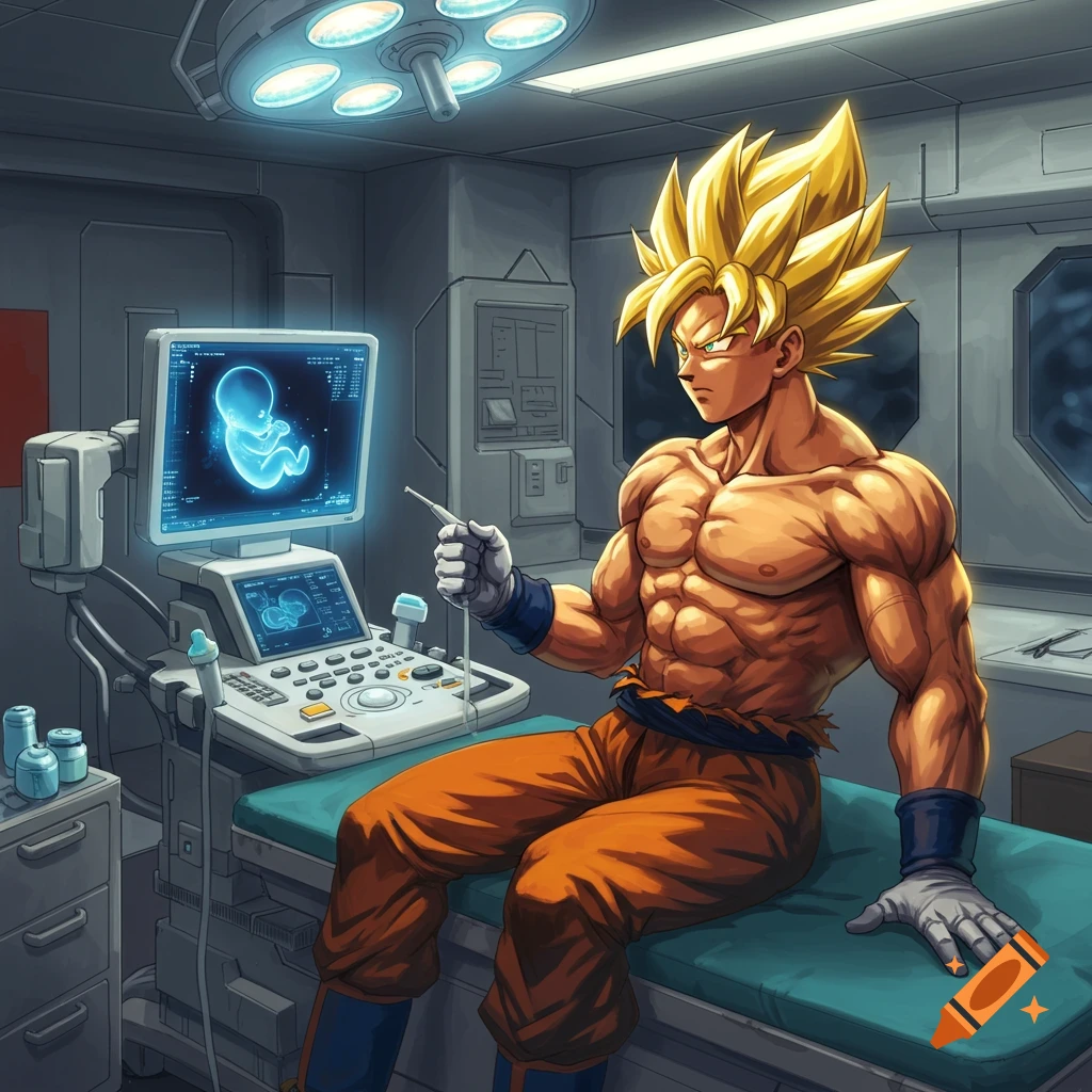 Goku, shirtless and muscular, sits on a medical exam table holding an ultrasound wand, looking at a monitor displaying a fetus.