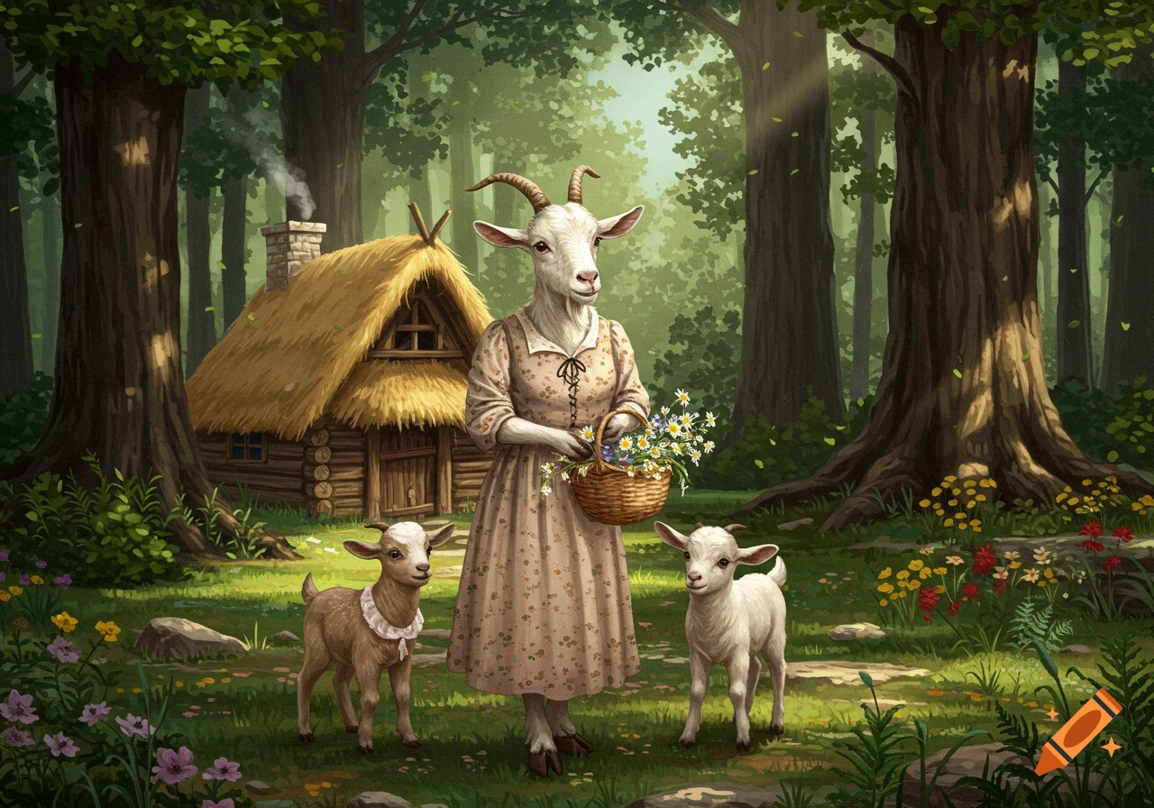 An anthropomorphic mother goat in a dress holds a flower basket with two baby goats in a lush forest with a log cabin, in an illustration.