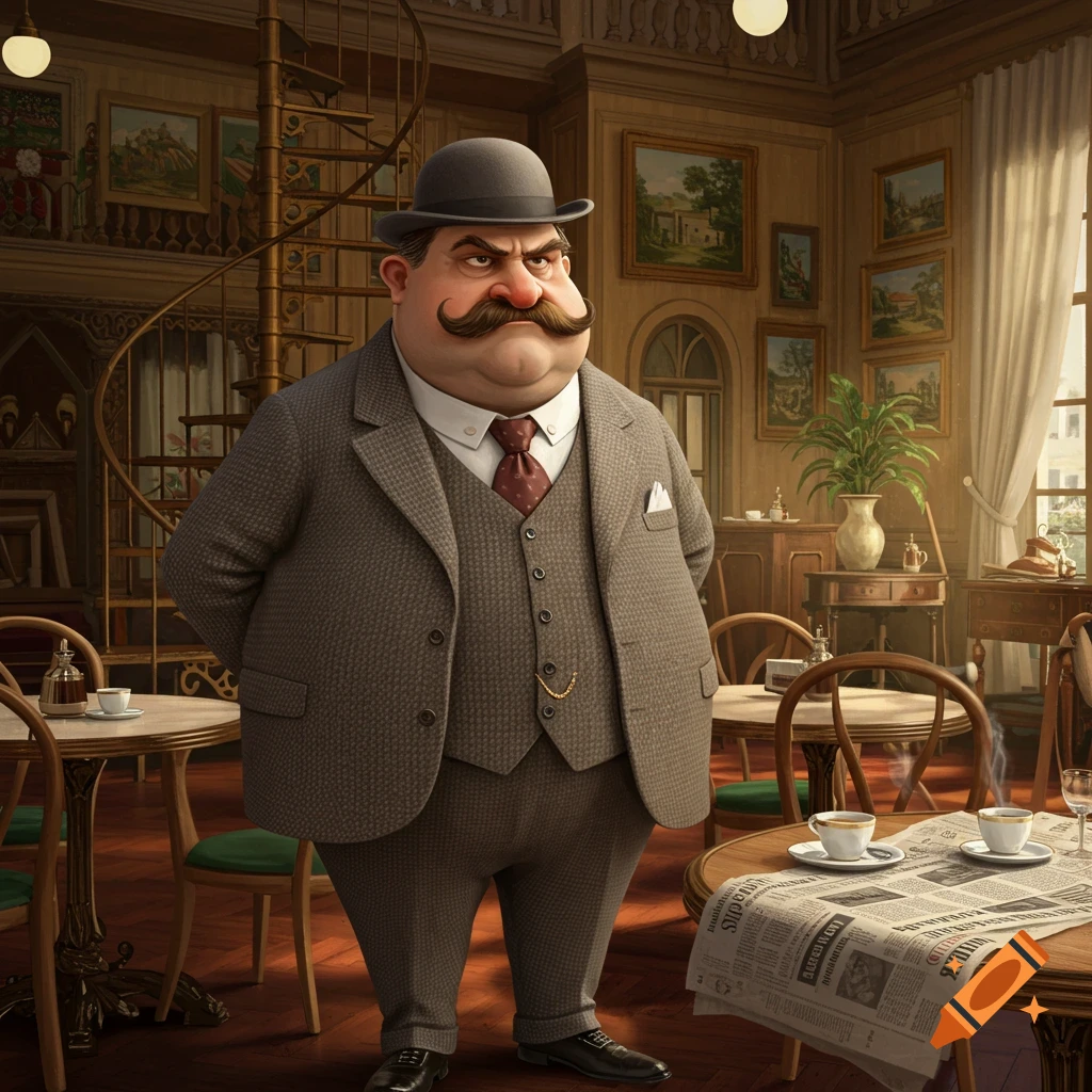 A stylized cartoon of a portly, grumpy man with a large mustache and bowler hat standing in a classic cafe.