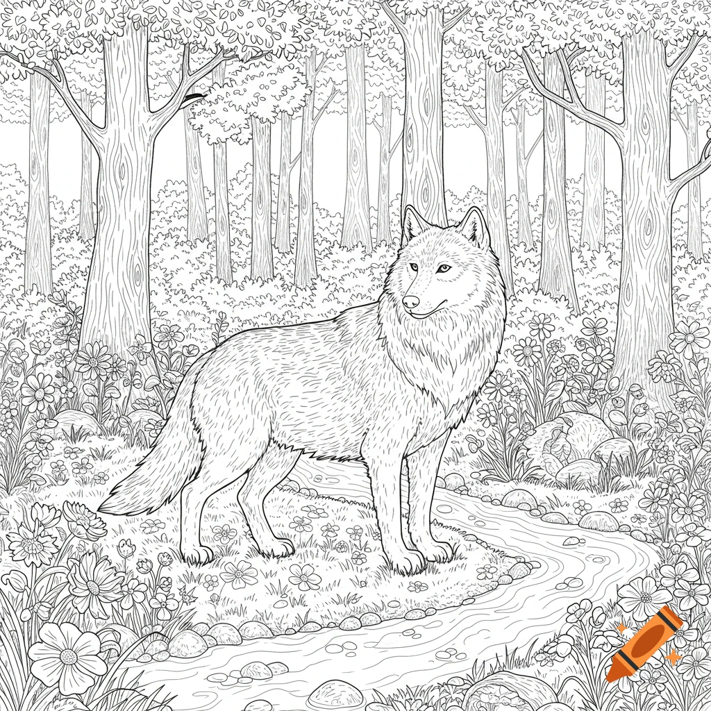 A wolf stands in a detailed forest scene with trees, flowers, and a small stream, drawn in a coloring page style.