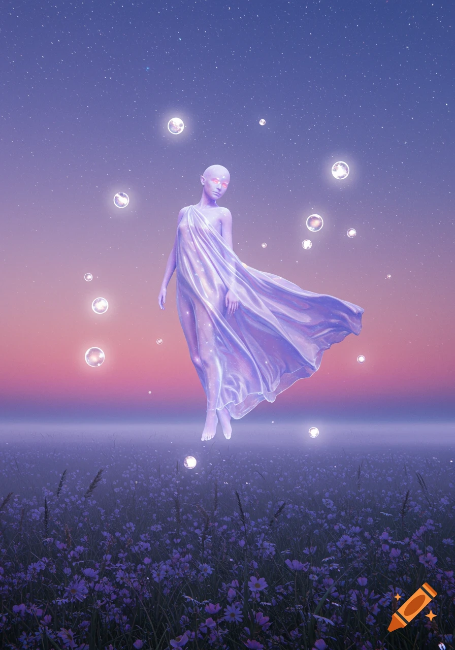 A translucent, ethereal figure in flowing lilac drapery with glowing red eyes and elf-like ears floats above a field of purple flowers under a starry gradient sky, surrounded by glowing orbs.