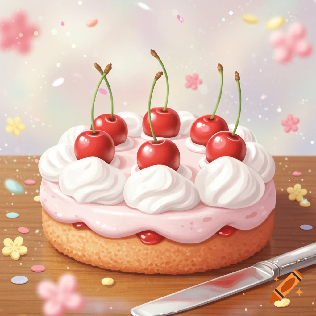 Whimsical illustration of a cherry cake with whipped cream on a wooden table, a knife beside it, and soft pastel bokeh background.