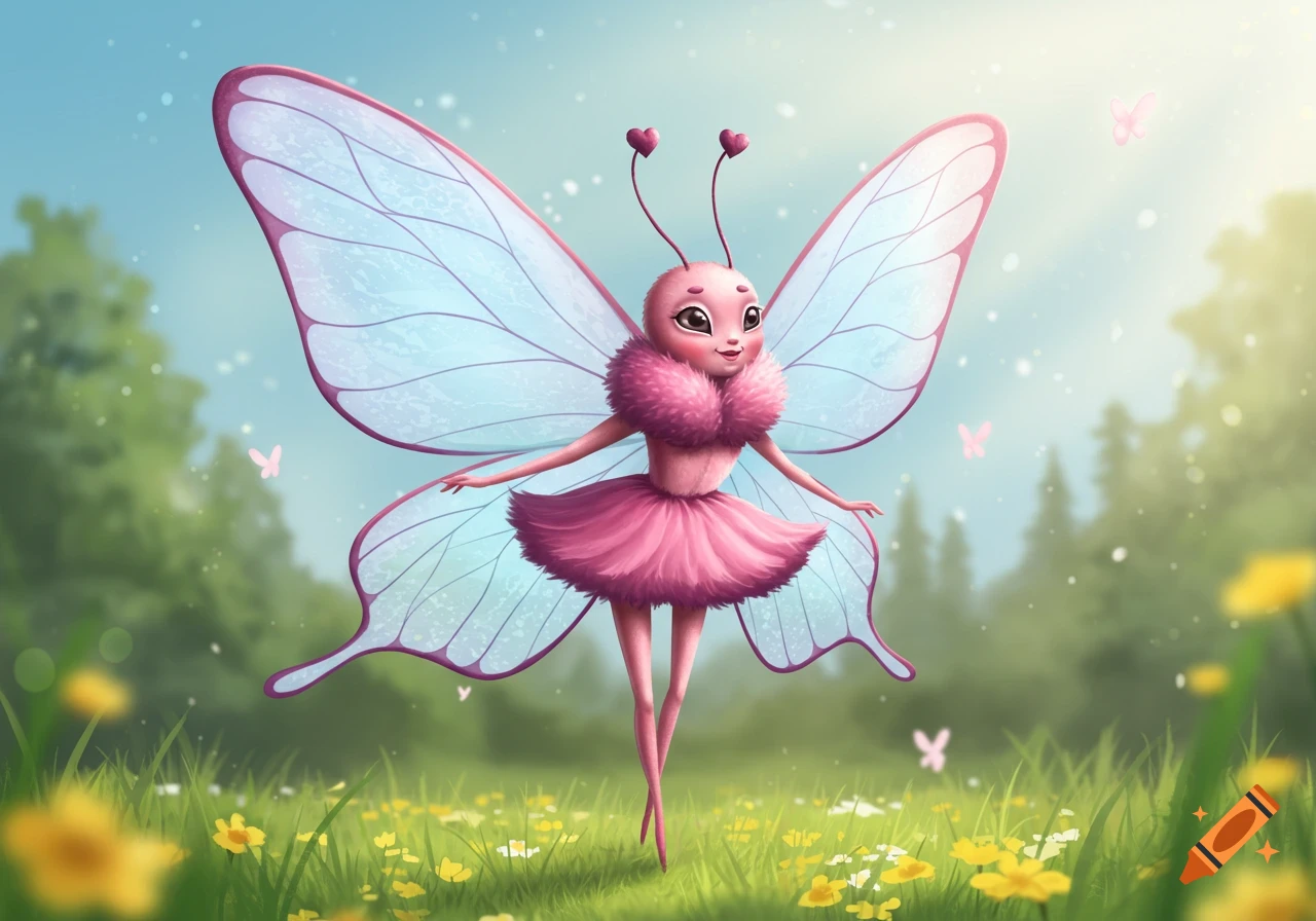 A cute pink butterfly fairy with large light blue wings and a pink tutu stands in a sunny, flower-filled meadow.