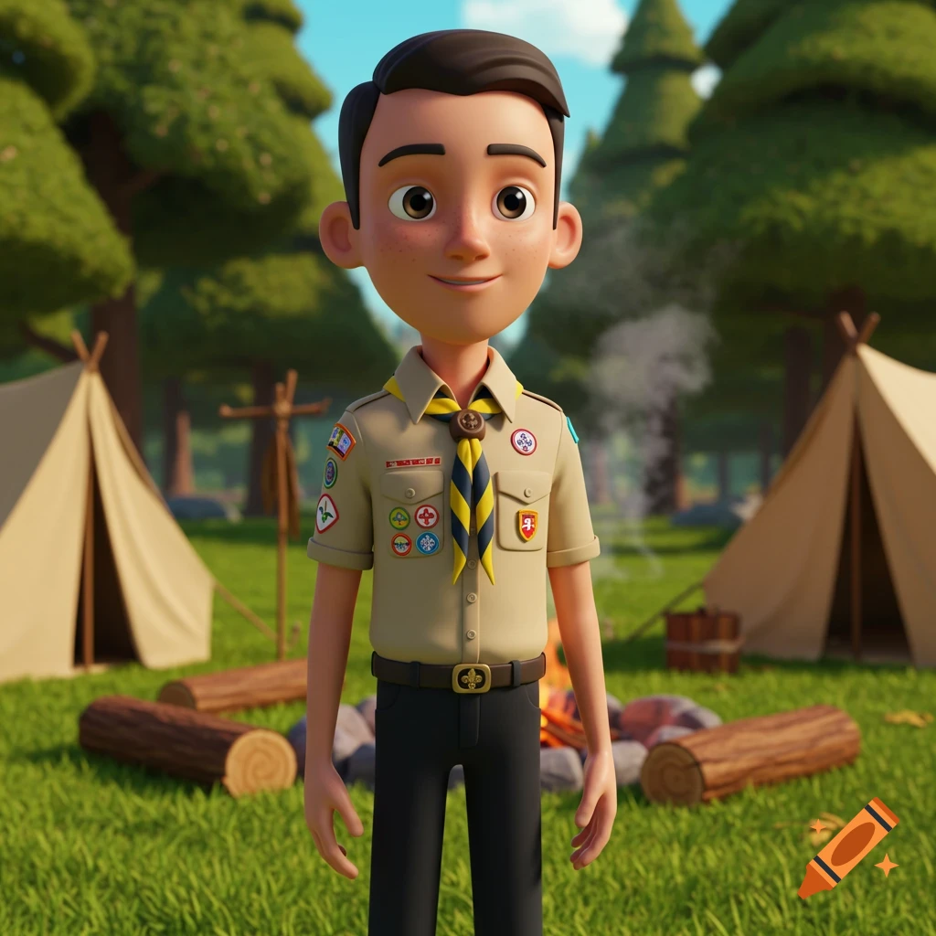 A 3D cartoon boy scout stands confidently in uniform with badge patches in a vibrant camp with tents, campfire, and trees under a blue sky.