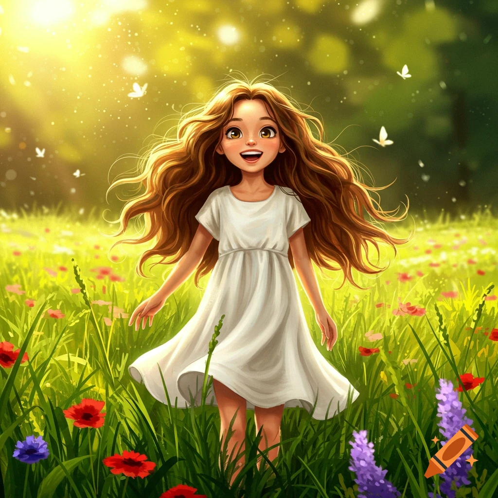 A happy cartoon girl with long brown hair in a white dress stands in a sunlit meadow among colorful flowers and butterflies.